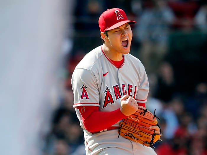 Los Angeles Angels’ Shohei Ohtani reacts after striking out Boston Red Sox’s Trevor Story during the seventh inning of a baseball game, Thursday, May 5, 2022, in Boston.